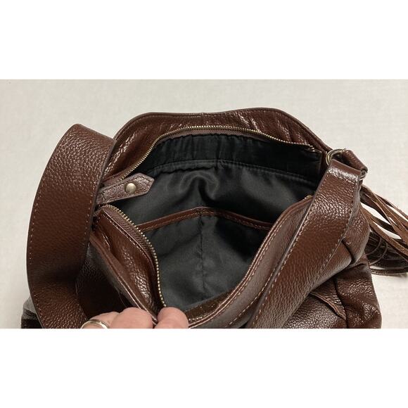 Womens Shoulder Bag Purse Nyla Noor Faux Pebbled Leather Patchwork Tassel Brown - Picture 8 of 13